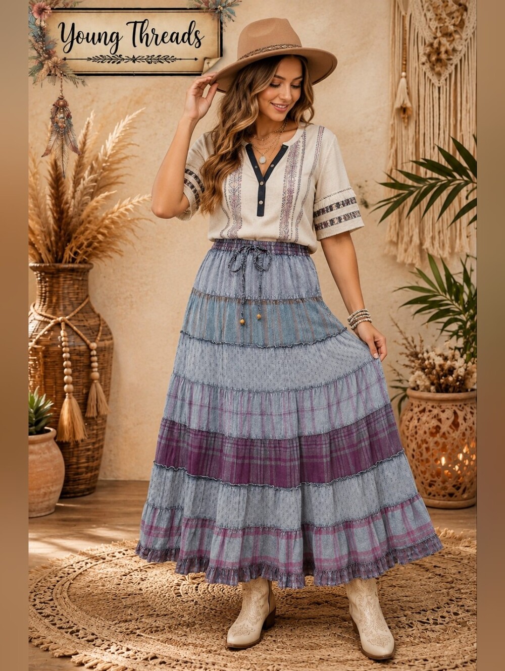 454.  Boho Tiered Plaid Maxi Skirt in Gray and Purple